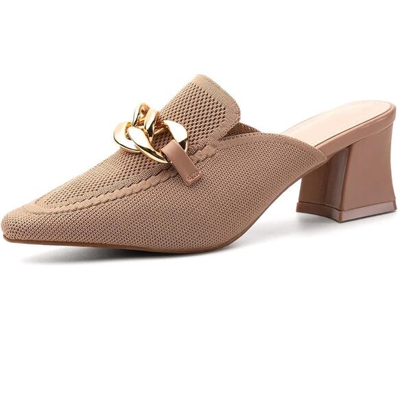 Newbella NWT Women's Knit Mesh Pointed Toe Heeled Mules Gold Link Apricot Size 8 - Picture 1 of 10